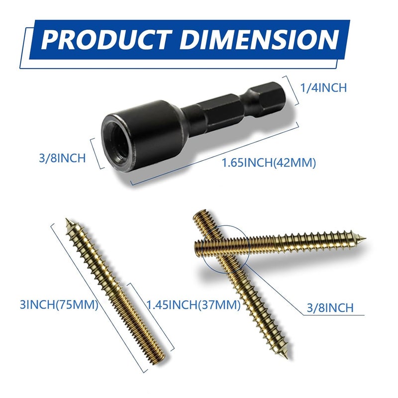 BokWin 20 Pack 3/8-16 x 3 Inch Hanger Bolts, Gold Double Headed Bolt with Driver Bit, Self Tapping Screw for Wood Furniture Joint, DIY Projects，Threaded Rod Screws - Image 2